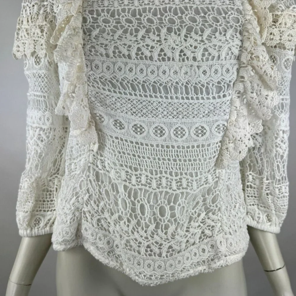 Anthropologie Seen Serena Lace Ruffle Blouse Top Women S 3/4 Sleeve Lined Cotton